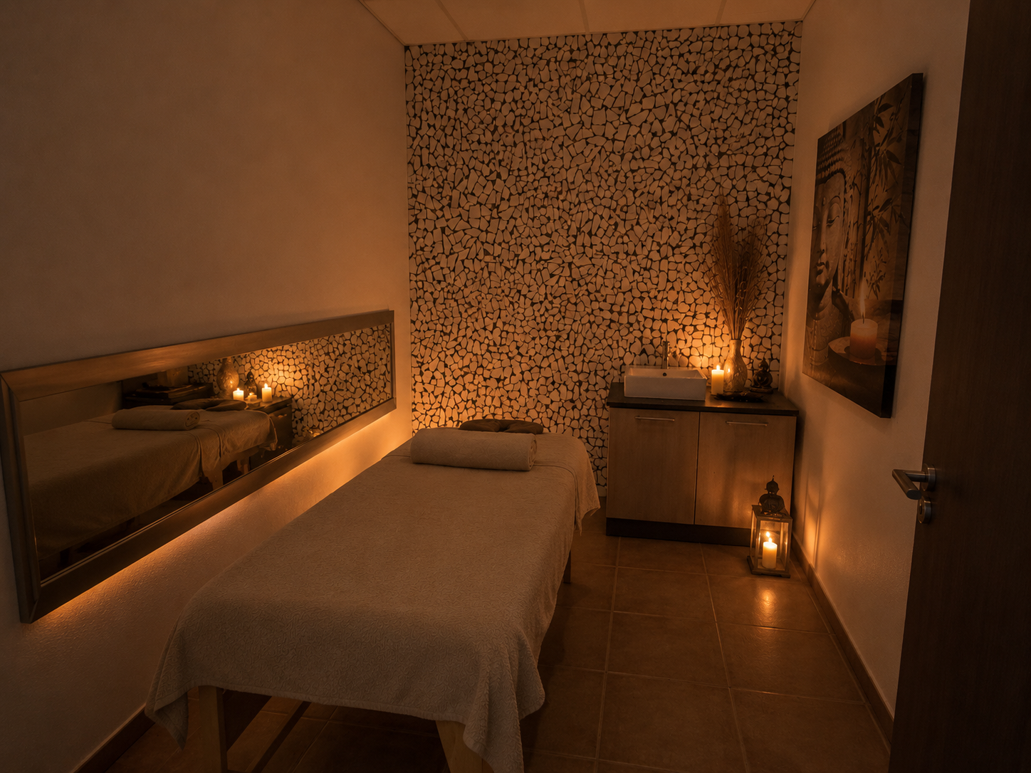 Interior de sala de bienestar con detalles aromáticos
