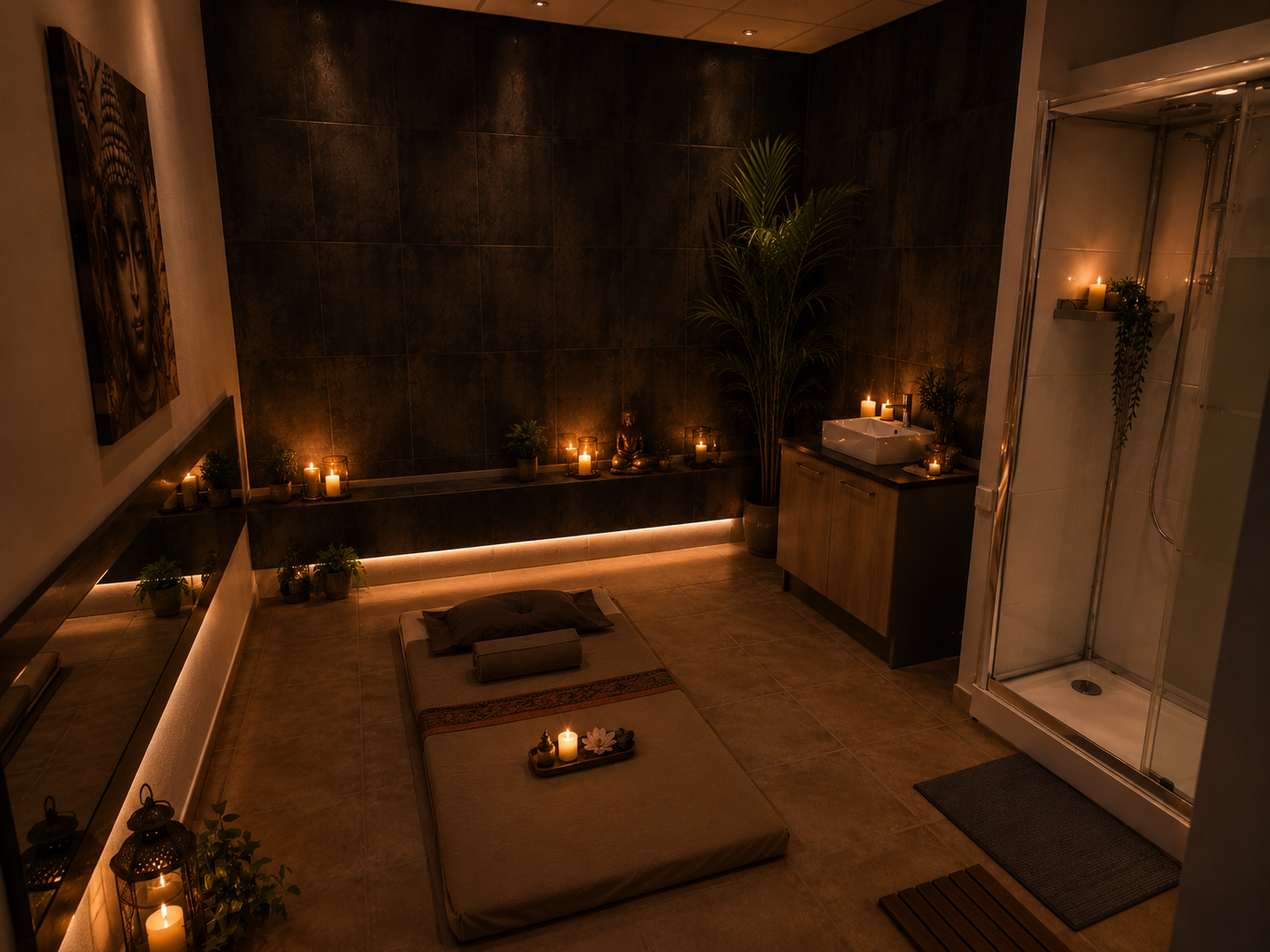 Cabina de masaje con iluminación cálida y ambiente relajante
